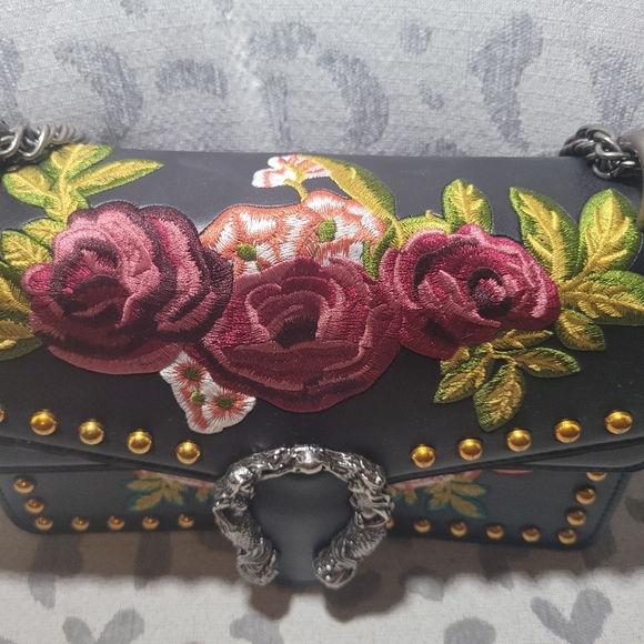 Floral Gold Studded Faux Leather Chain Strap Black - Picture 3 of 14